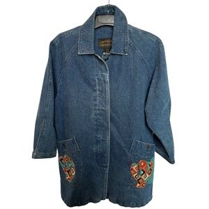 Eddie Bauer Vintage Women's Embroidered Long Faded Blue Denim Coat Size Medium
